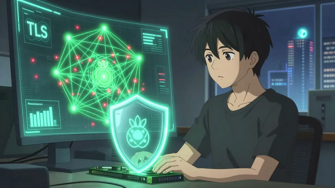 Usuario configurando un Raspberry Pi con firewall activado y mapa de red saludable en segundo plano.