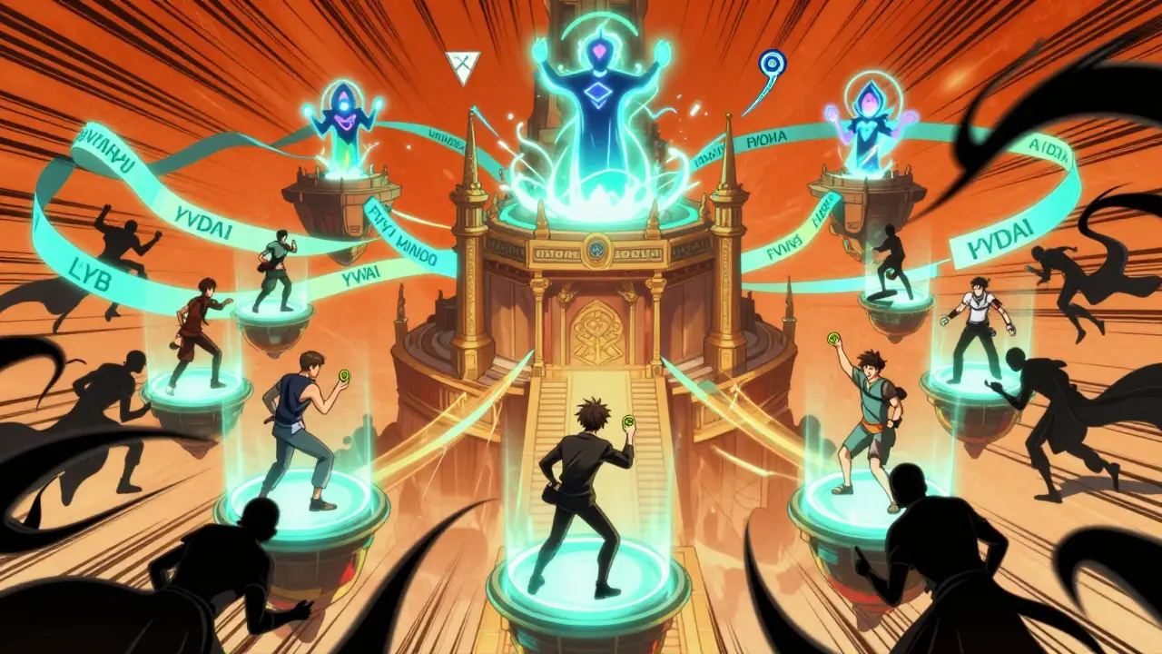 Usuario depositando tokens en un templo digital de DeFi con oráculos brillantes y cadenas de bloques flotantes.