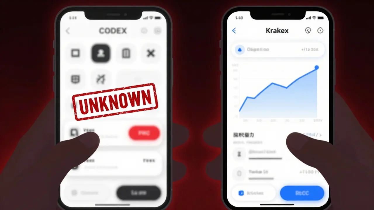 Comparación visual entre una app de CODEX confusa y una de Kraken limpia, en estilo anime cel-shaded.
