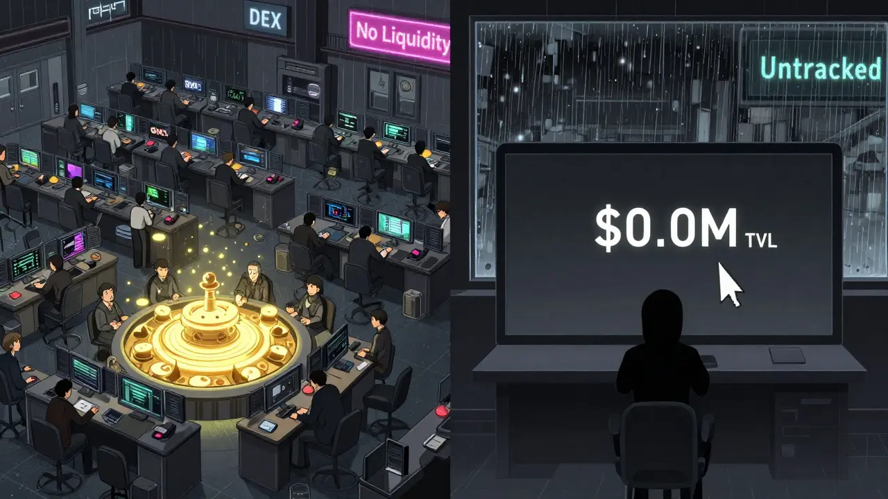 Contraste entre un DEX activo y la terminal vacía de RubyDex con TVL de <h2>¿Qué dice la realidad de los números?</h2>.0M en un entorno cyberpunk.