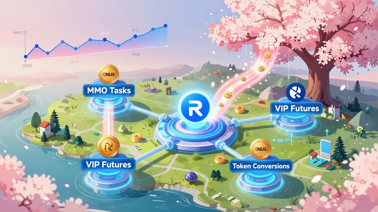 Ecosistema RICE Wallet conectado a funciones MMO, VIP y conversiones de tokens con gráficos flotantes.