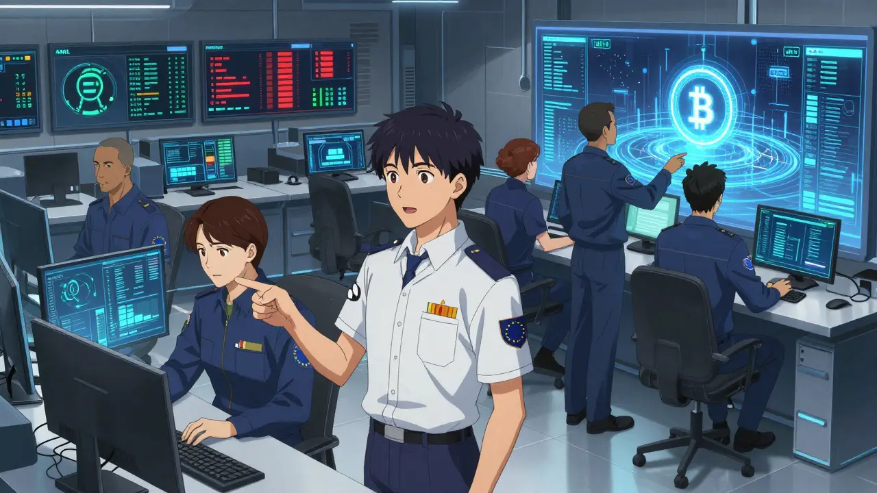 Equipo de cumplimiento en un centro de operaciones con paneles de monitoreo en tiempo real.