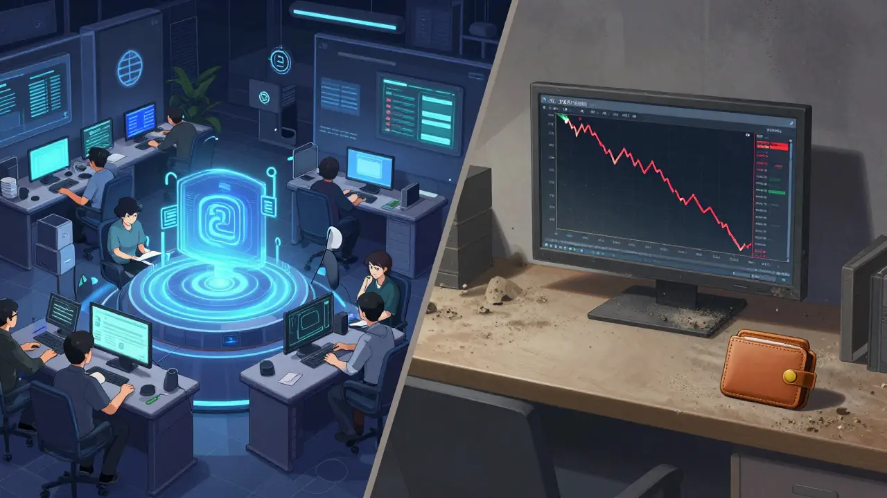 Escena dividida: un ecosistema de seguros DeFi activo a la izquierda y una habitación abandonada con el precio de ZSC cayendo a la derecha.