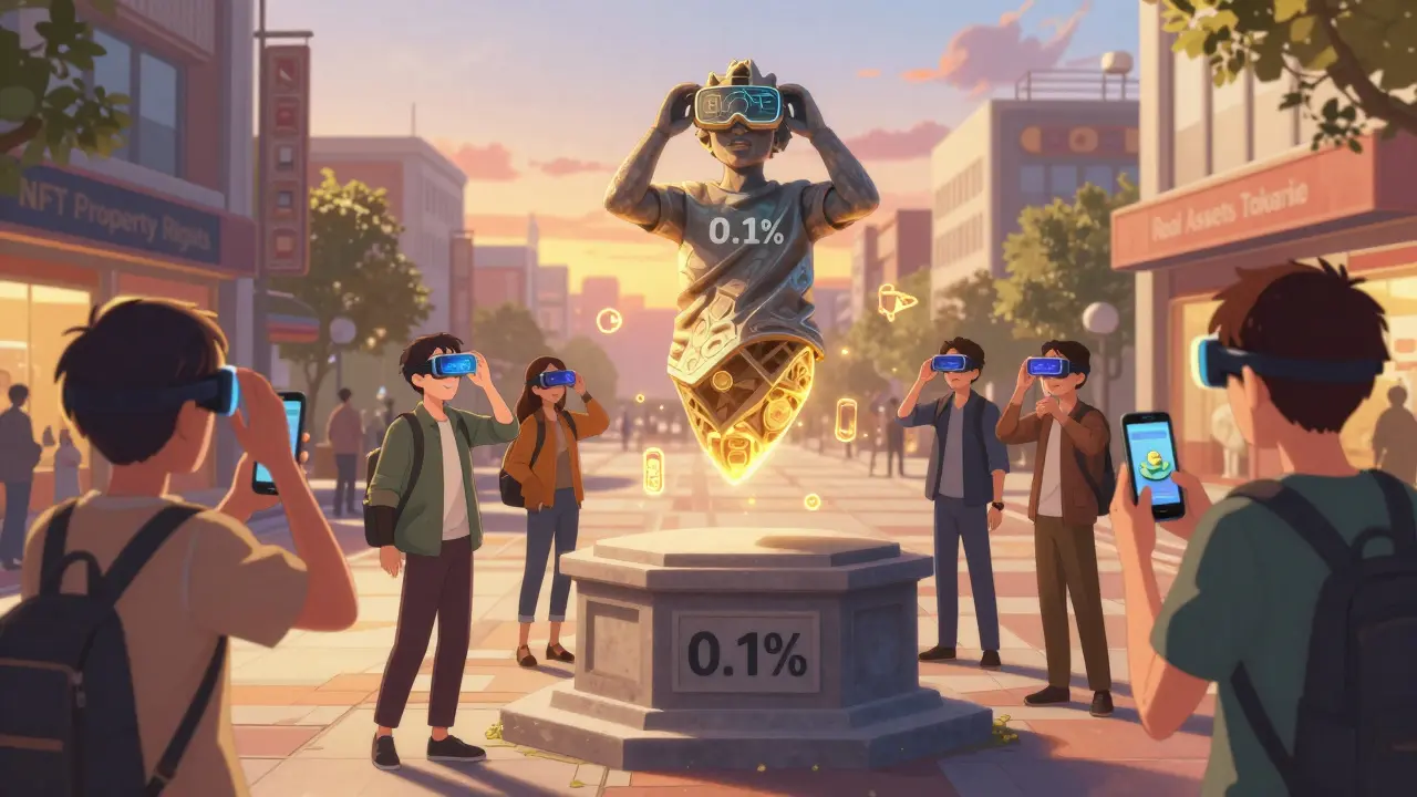 Grupo de personas usando gafas AR para ver una escultura digital que se transforma mientras compran fracciones de ella en una plaza urbana.