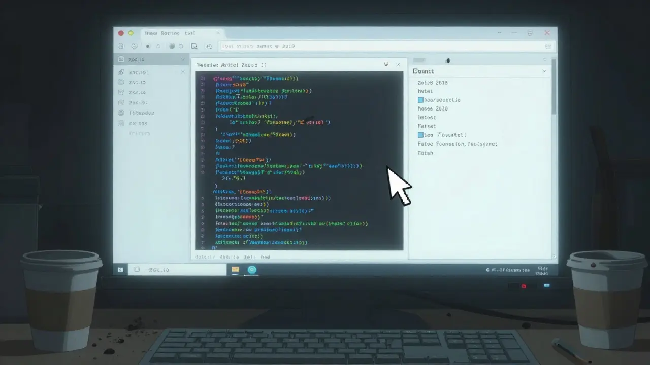Interfaz web de ZSC con enlaces rotos y código congelado, rodeado de objetos olvidados en una habitación oscura.