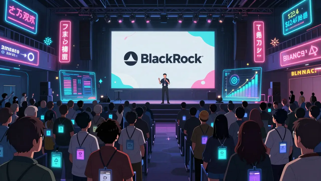 Interior del evento TOKEN2049 Singapur 2025 con multitud diversa y proyecciones holográficas de plataformas cripto.