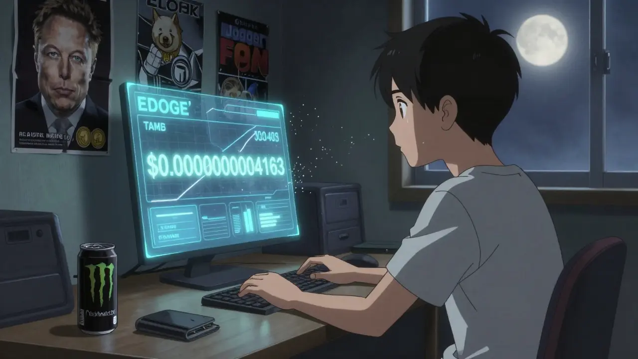 Joven mira el precio casi cero de EDOGE en una pantalla holográfica, rodeado de recuerdos de la era de los memecoins.