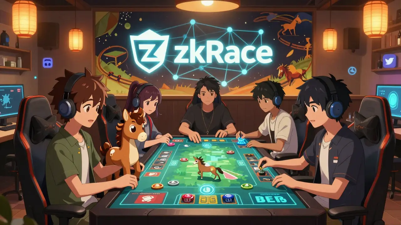 Jugadores en una sala de juego interactuando con un holograma de carreras y tokens ZERC, rodeados de símbolos de la comunidad.