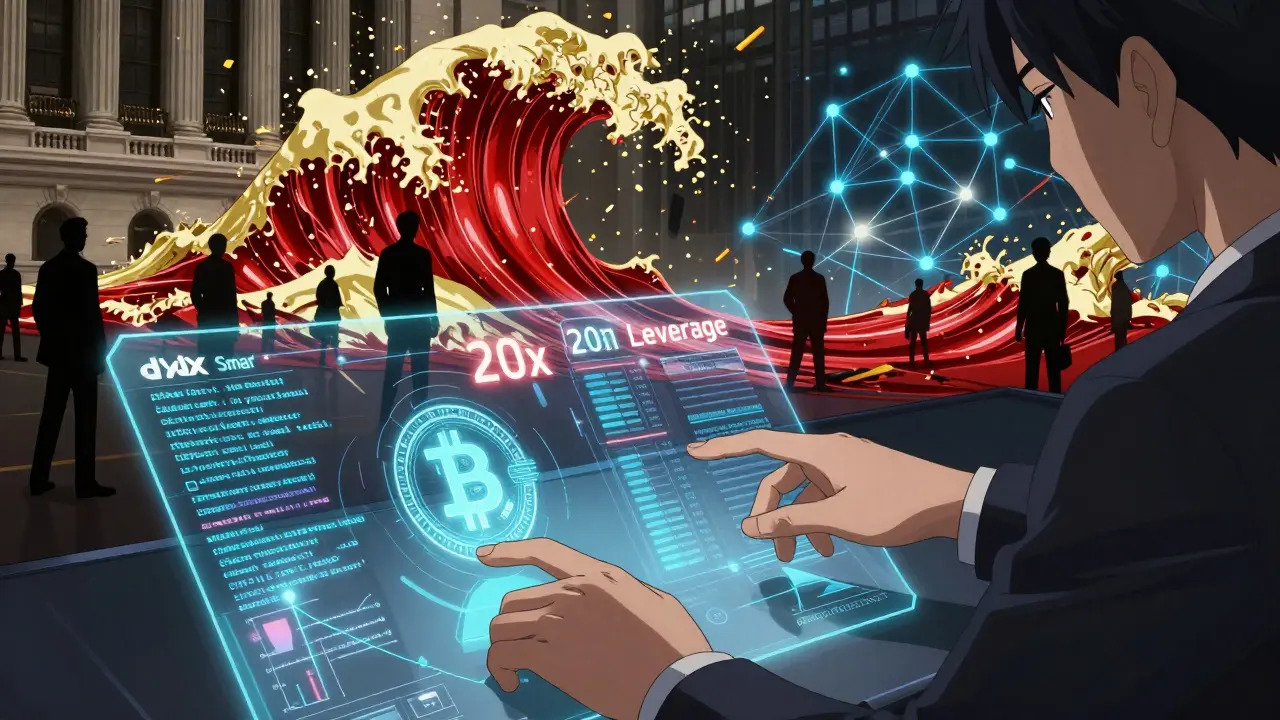 Manos de un trader en una interfaz holográfica mientras olas de liquidaciones lo rodean, con un contrato inteligente de DeFi brillando al frente.