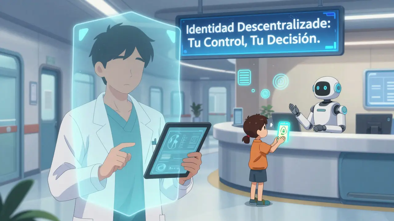 Médico recibe historial médico seguro en hospital, mientras paciente mantiene su identidad privada.