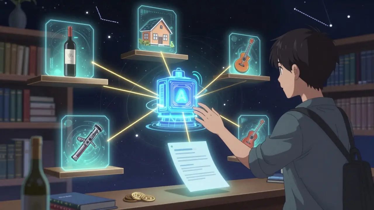 Mercado de NFT como una biblioteca celestial con activos reales flotantes conectados a un núcleo de IA que distribuye regalías automáticamente.