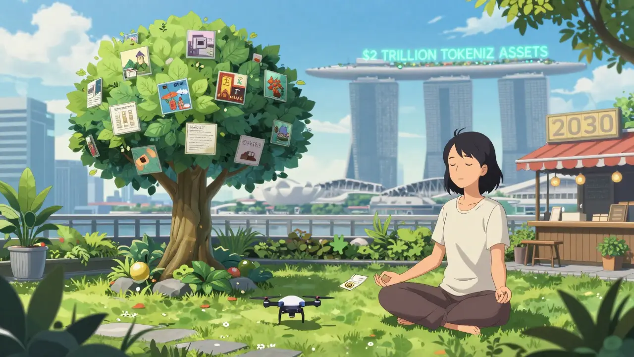 Mujer meditando junto a un árbol blockchain con hojas de NFTs, en un jardín de Singapur con drones de pagos digitales.