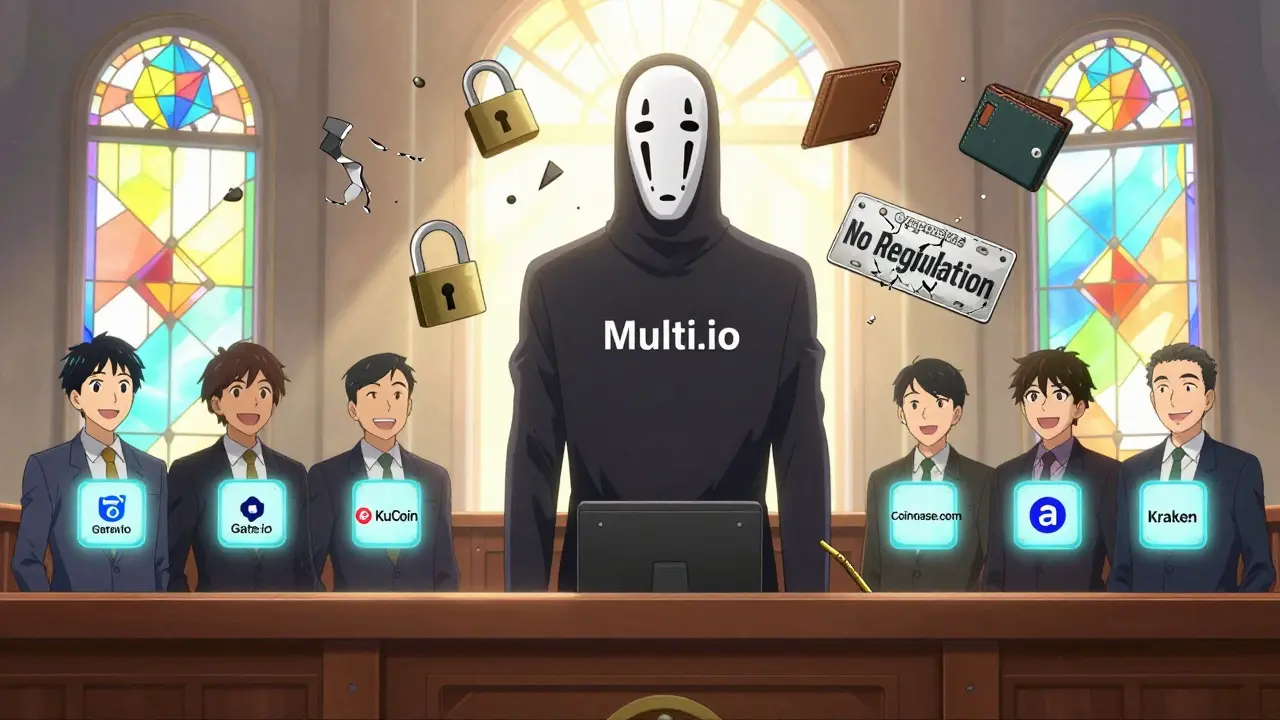 Multi.io en juicio rodeado de evidencia de fraude, mientras exchanges legítimos testifican con insignias brillantes bajo luz de nodos blockchain.