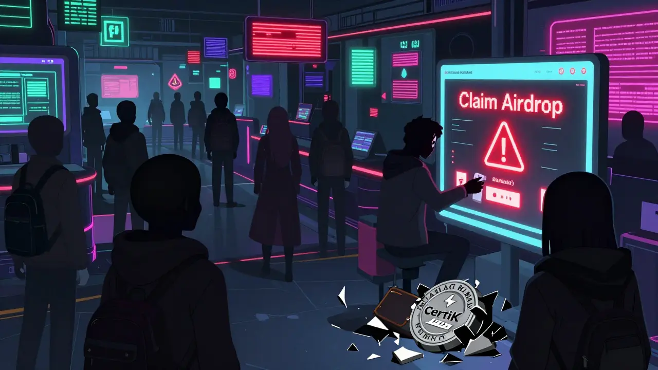 Personajes en un mercado digital intentando vender NFTs sin valor mientras uno se conecta a un portal de estafa.