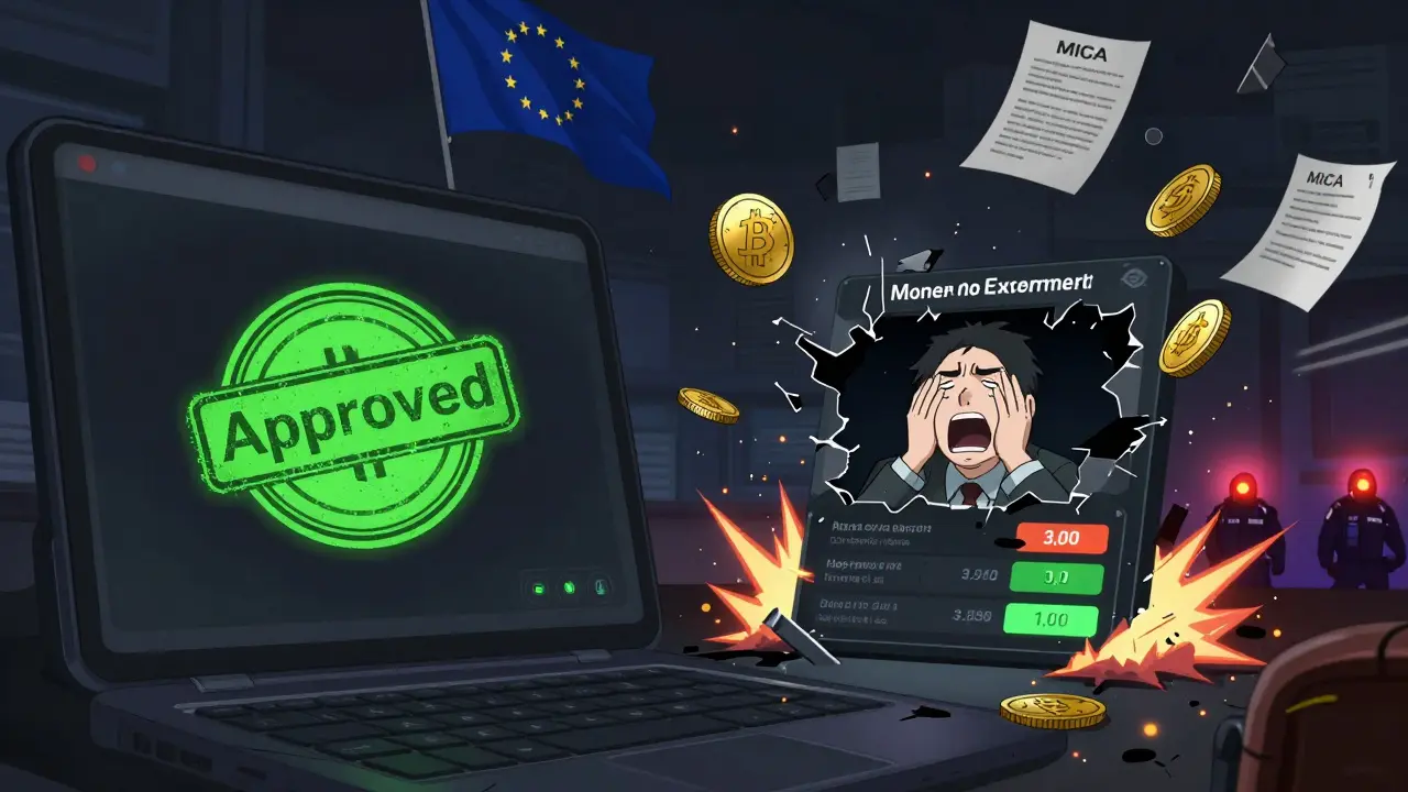Plataforma de cripto aprobada vs. una que explota, con monedas privadas desvaneciéndose y banderas de la UE.