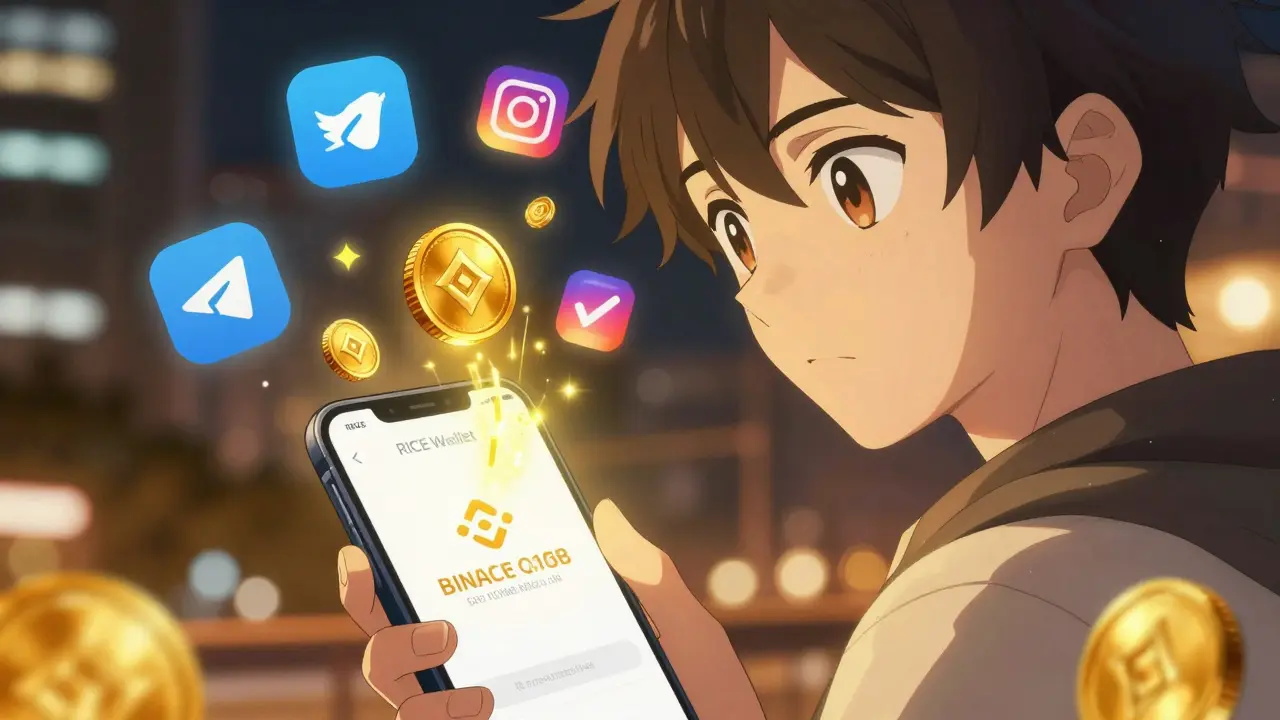 Protagonista usando RICE Wallet mientras tokens ONUS fluyen hacia su dirección blockchain.