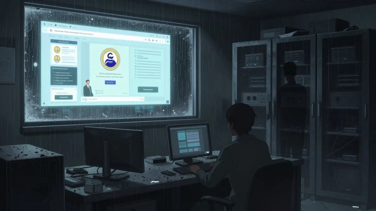 Sala de servidores abandonada frente a una plataforma cripto autorizada y legal.