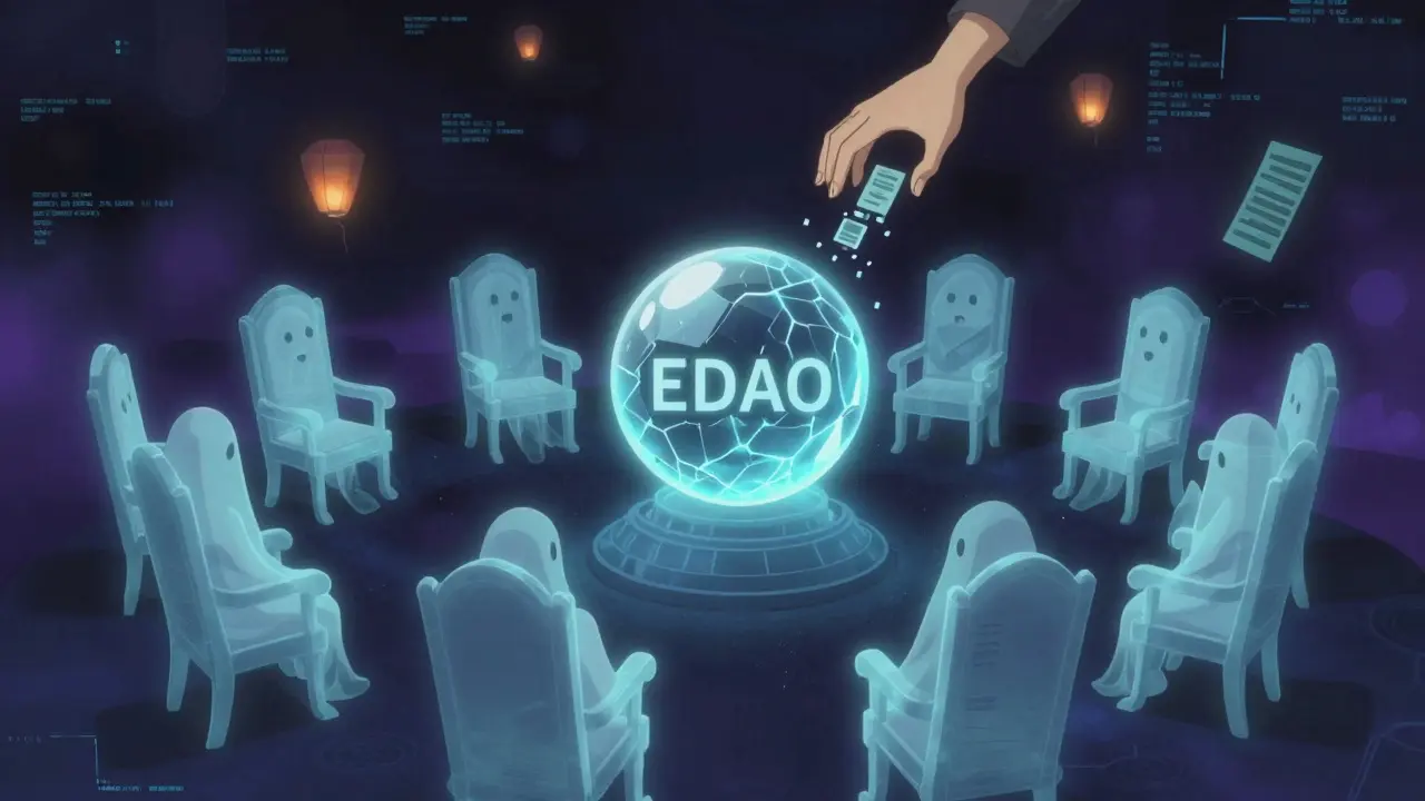 Sala fantasma de la DAO EDAO con tronos vacíos y NFTs desapareciendo en la oscuridad digital.