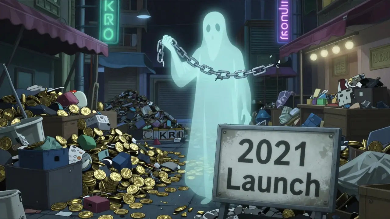 Tokens KURO tirados como basura en un mercado vacío, con una figura fantasmal que se desvanece.
