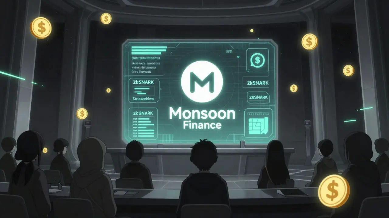 Tokens MCASH como bolas de voto en una cámara de gobernanza descentralizada con hologramas de protocolo.