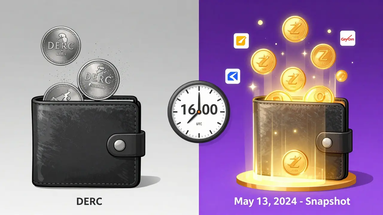 Transformación de tokens DERC a ZERC en un portal brillante con la fecha del snapshot y logos de intercambios.