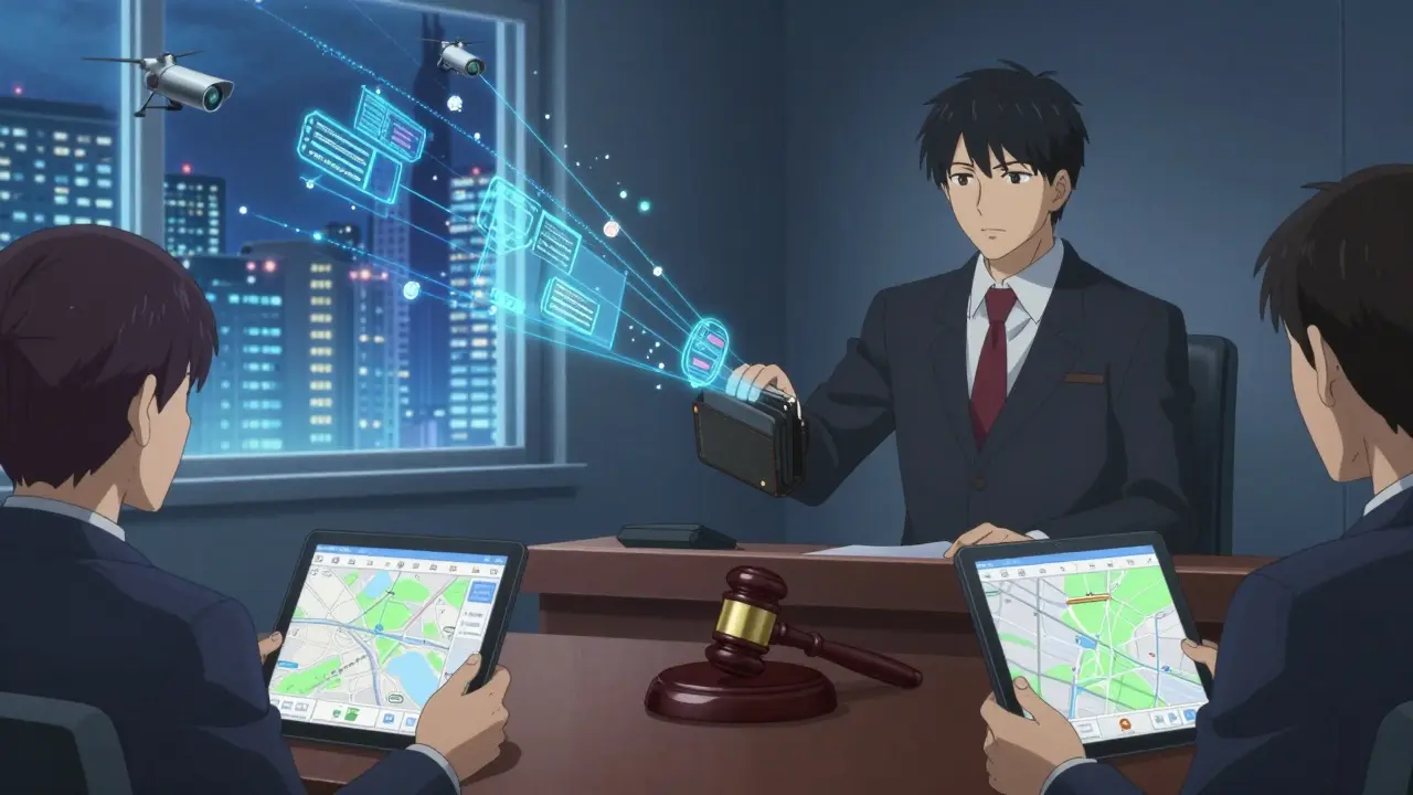 Tribunal con rastreo blockchain proyectado, abogados y drones de vigilancia en el fondo.