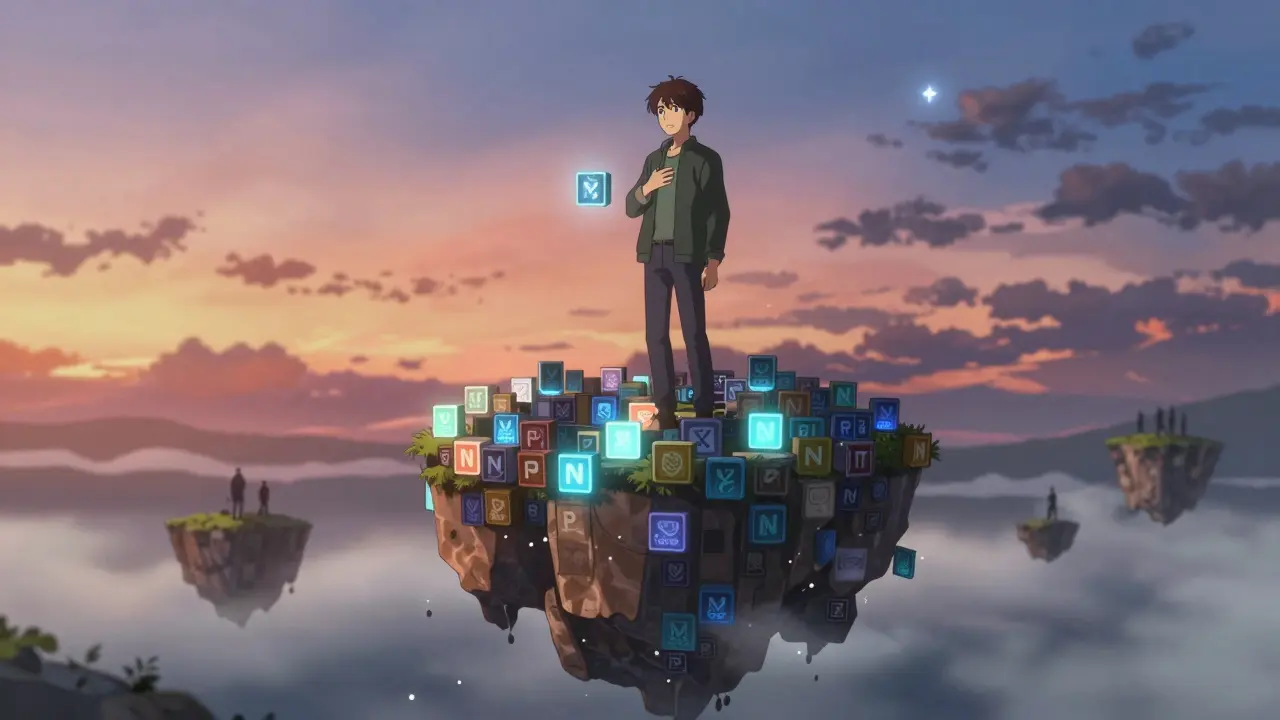 Un coleccionista reclama su NFT entre 499 otros flotantes, en un paisaje onírico de DeFi.