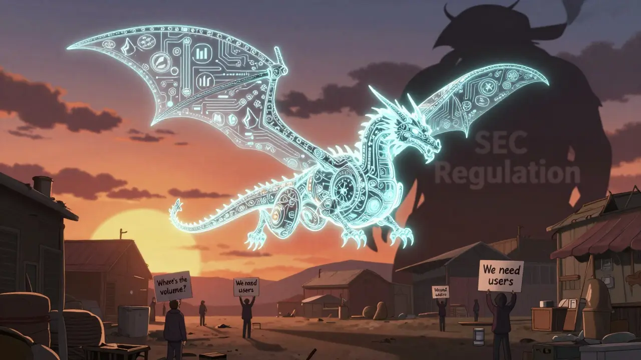 Un dragón de blockchain inmóvil sobre un mercado desolado, con sombras de regulación y carteles de usuarios ausentes.