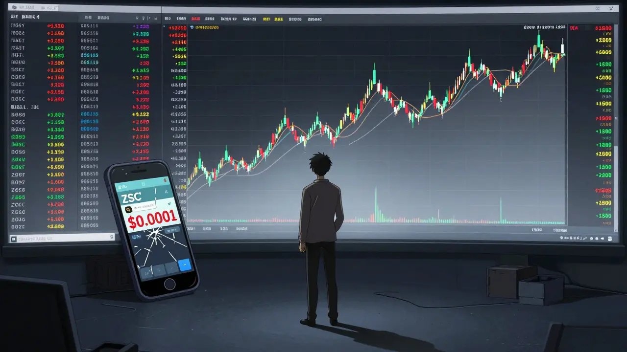 Un inversor mira una pantalla con el precio de ZSC en <h2>¿Quién lo usa y por qué?</h2>.0001, mientras otros criptoactivos suben tras él.