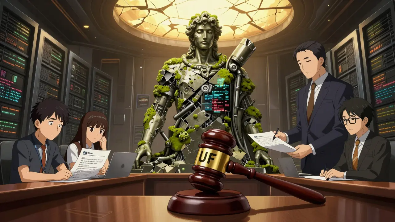 Un juicio simbólico contra PureFi Protocol en un salón de servidores con desarrolladores y ejecutivos.