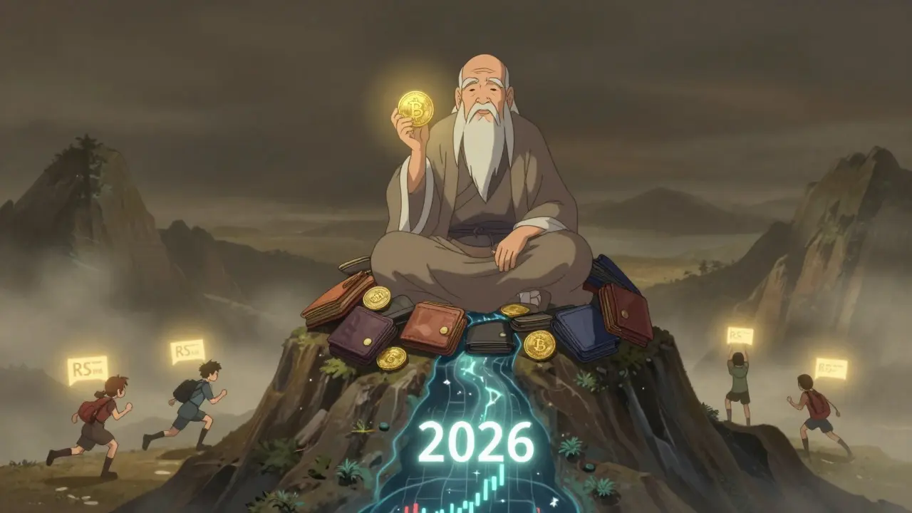 Un sabio sostiene un token NT apagado mientras un río de gráficos sin volumen cae en un abismo.