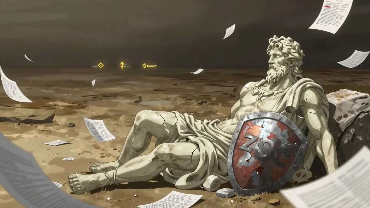 Una estatua rota de Zeus con un escudo ZSC en ruinas, rodeada de documentos olvidados en un mercado digital vacío.