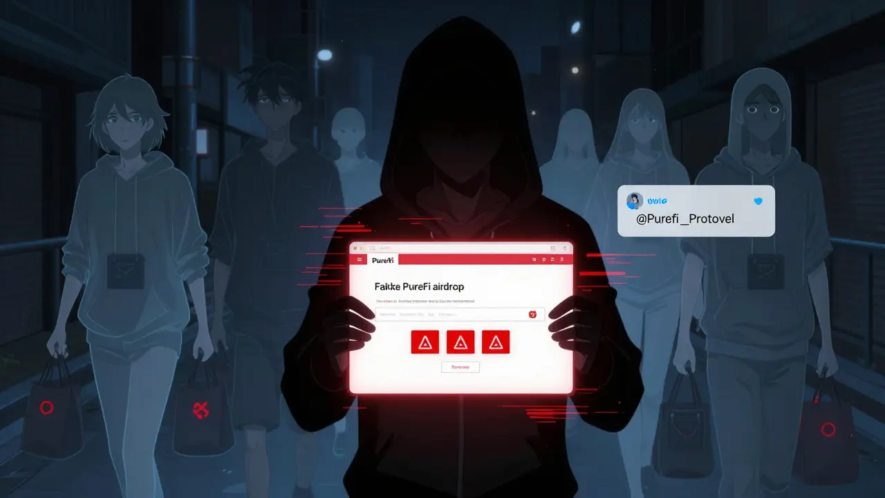 Una figura engañada por un airdrop falso mientras fantasmas de participantes antiguos se alejan.