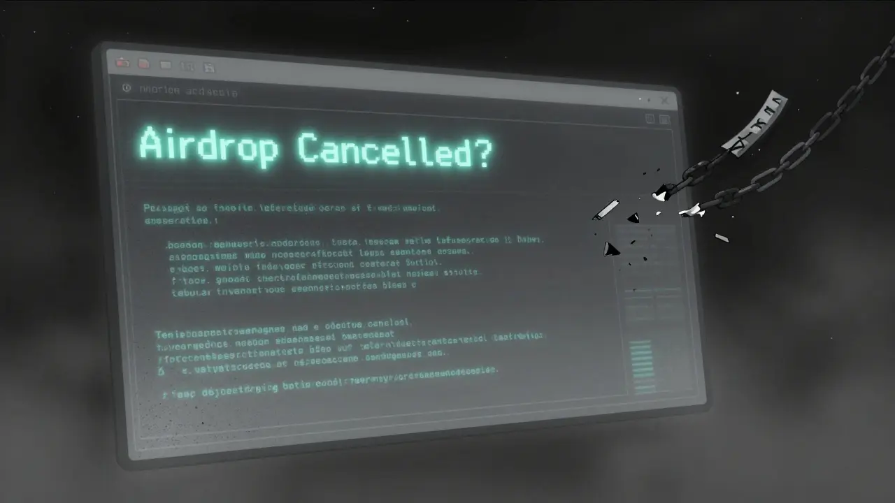 Una pantalla de foro digital vacía flota en el espacio, con un mensaje que dice '¿Airdrop cancelado?' y NFTs rotos cayendo en la oscuridad.