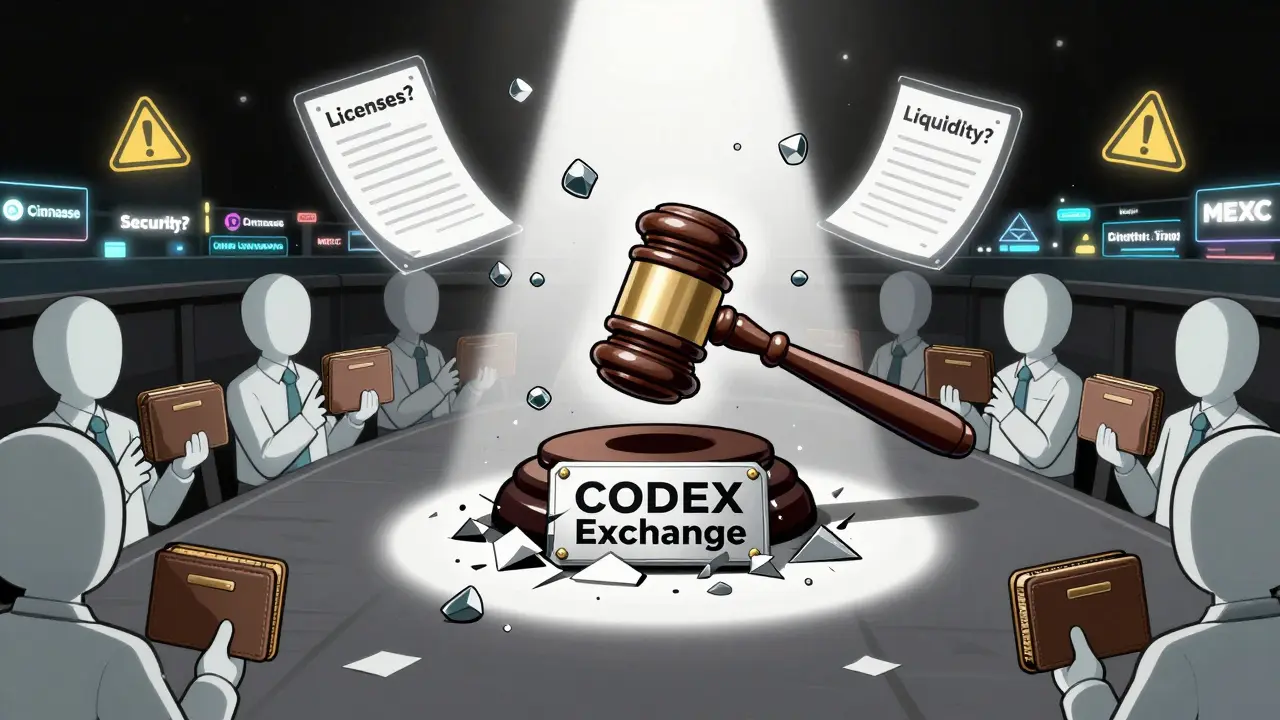 Una placa de CODEX siendo juzgada en un tribunal digital, rodeada de usuarios sin rostro y documentos ausentes, estilo anime cel-shaded.