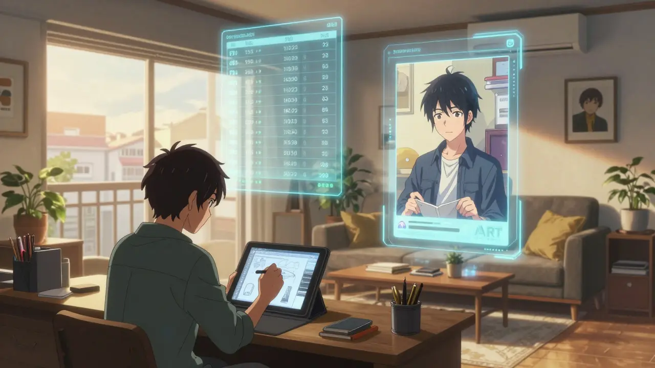 Artista en Bogotá vende arte digital a un coleccionista en Tokio, sin intermediarios, con transacciones inmutables visibles.