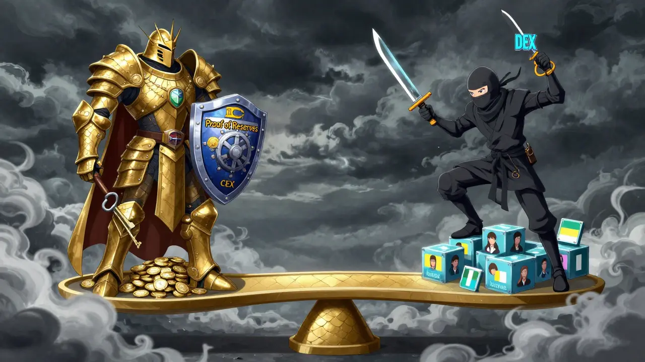 Balanza dorada entre un caballero CEX y un ninja DEX, usuarios globales intercambiando cripto en cadena.