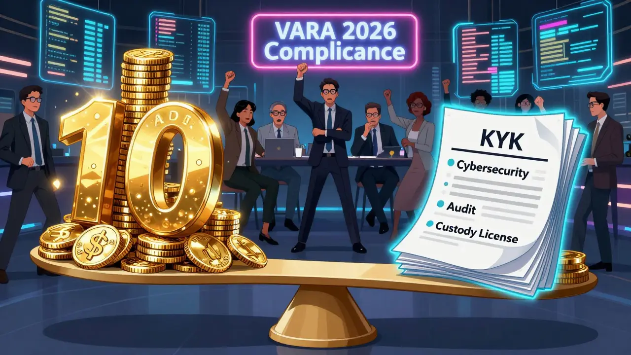 Balanza financiera con 10 millones de AED frente a documentos de cumplimiento VARA bajo luz neon.