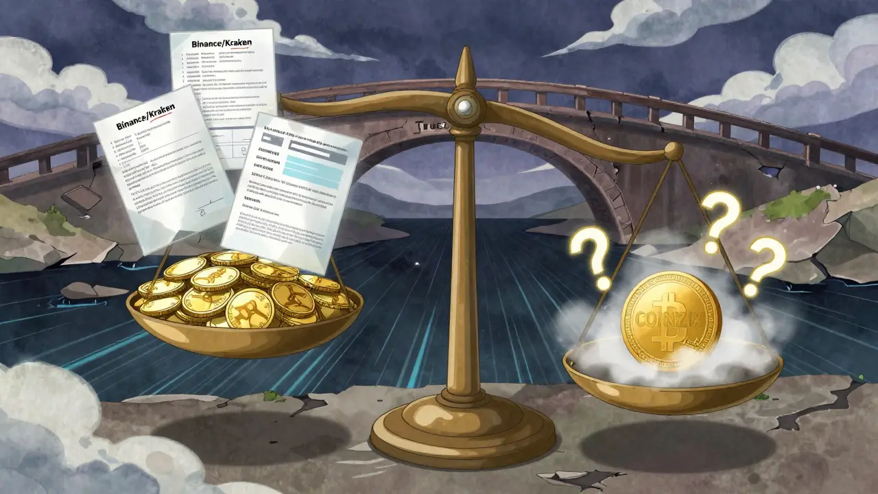 Balanza simbólica comparando intercambios confiables con COINZIX rodeado de incertidumbre.