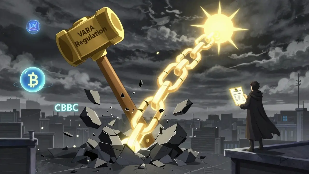 Cadena blockchain rota siendo reemplazada por nuevas cadenas brillantes, con símbolos de regulación y tecnología.