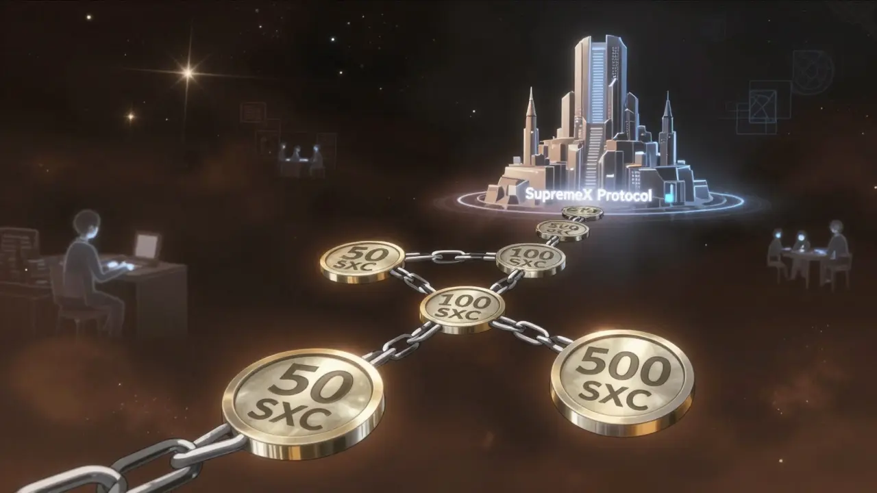 Cadena de tokens SXC formando un camino hacia una fortaleza digital en construcción, en espacio cósmico.