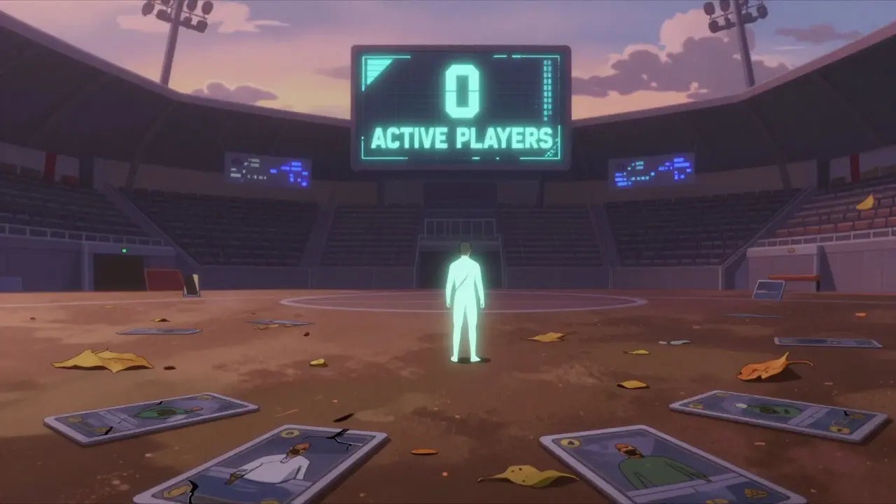 Campos de NFTs abandonados en un estadio digital vacío bajo una luz atenuada.