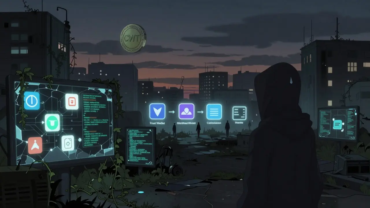 Ciudad digital abandonada con un token CWT flotando en la oscuridad mientras otras billeteras brillan activamente.