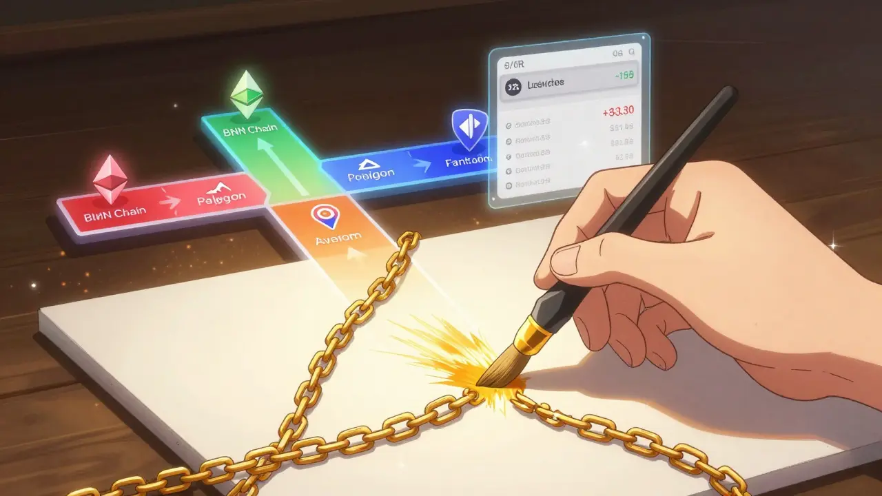 Mano pintando un NFT mientras cadenas de blockchain lo verifican, con puentes entre múltiples redes.