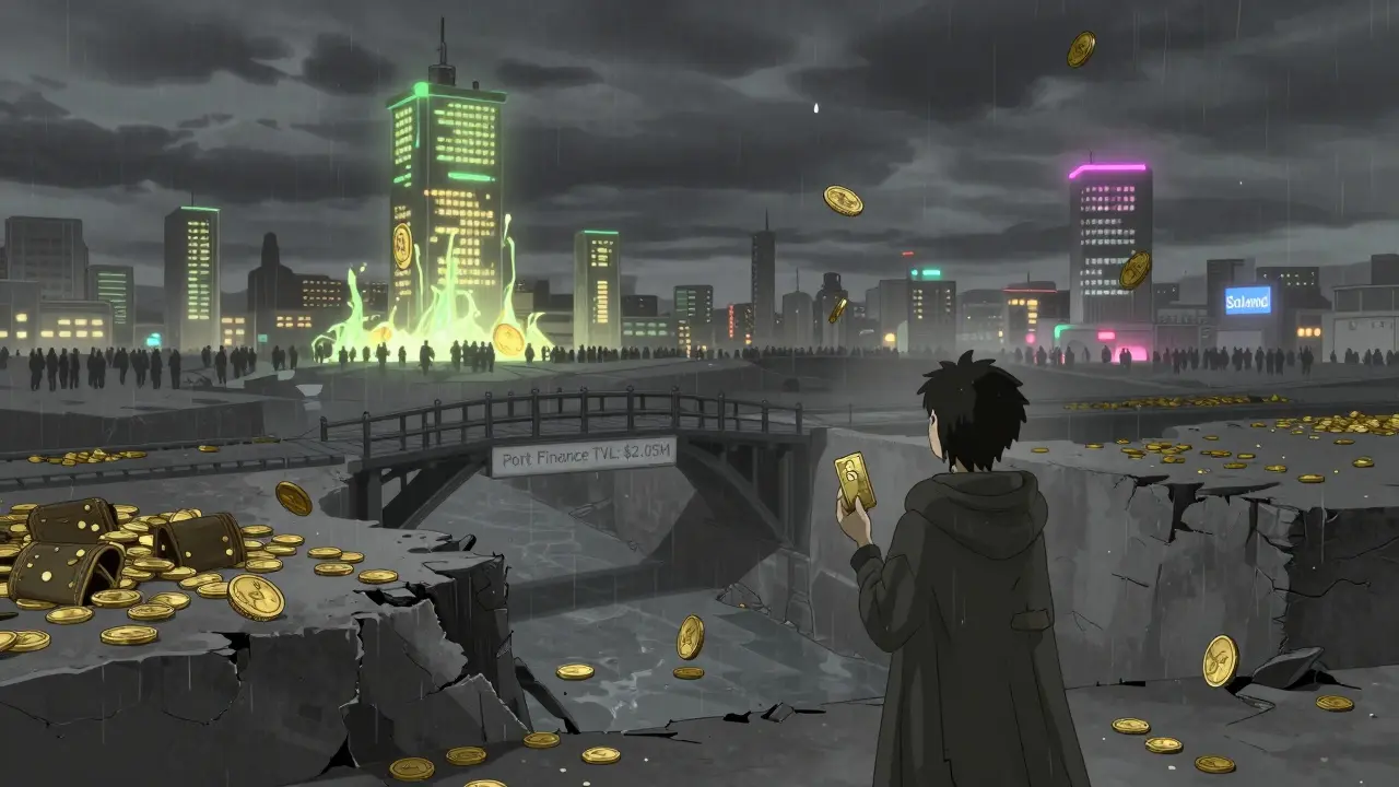 Mercado digital abandonado con el puente de Port Finance colapsado, mientras otros protocolos brillan al fondo.