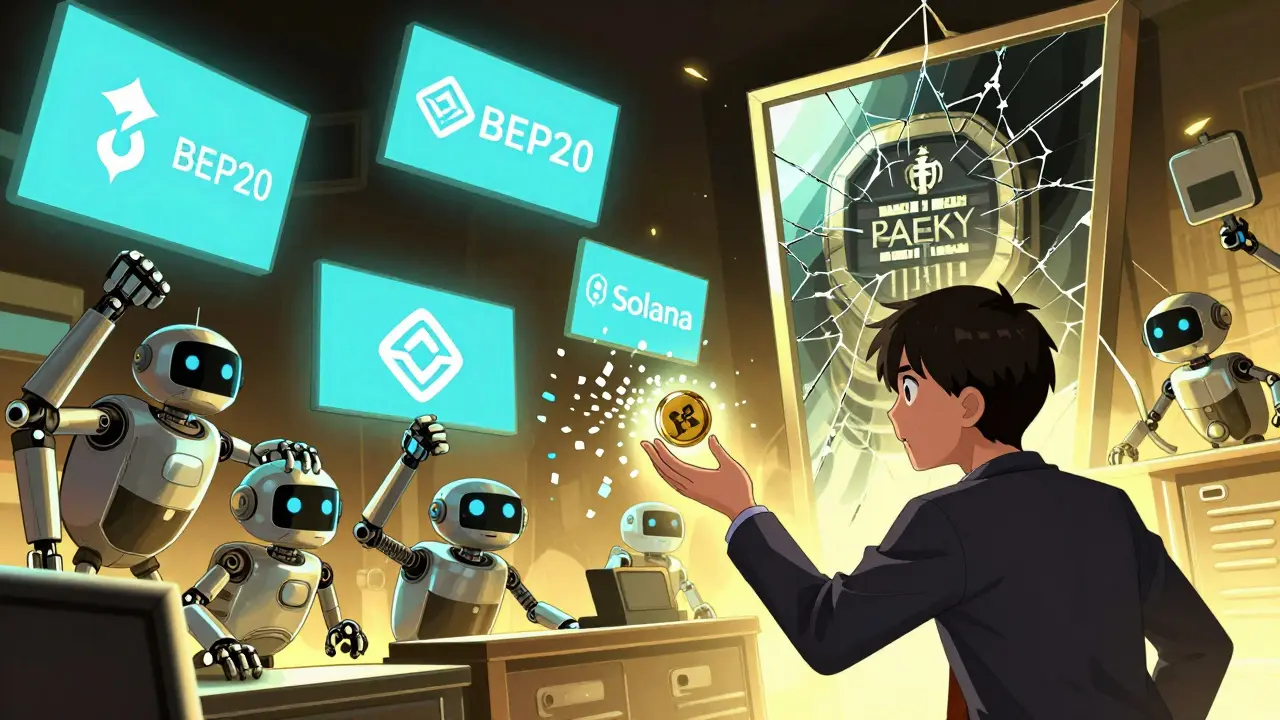 Mercado digital caótico con bots y logotipos de blockchains contradictorios, un inversionista alcanza tokens que se desvanecen.