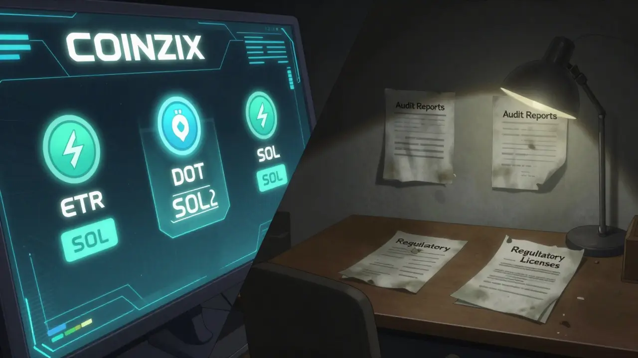 Panel digital de COINZIX con recompensas de staking frente a un escritorio vacío sin auditorías.