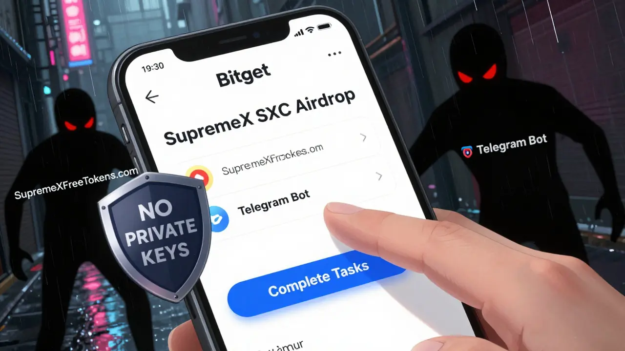 Pantalla de Bitget mostrando airdrop legítimo mientras se rechazan estafas con un escudo.