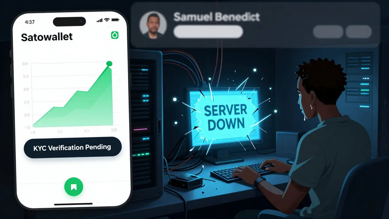 Pantalla de una app Satowallet rota, mostrando un servidor apagado mientras un usuario mira con tristeza.