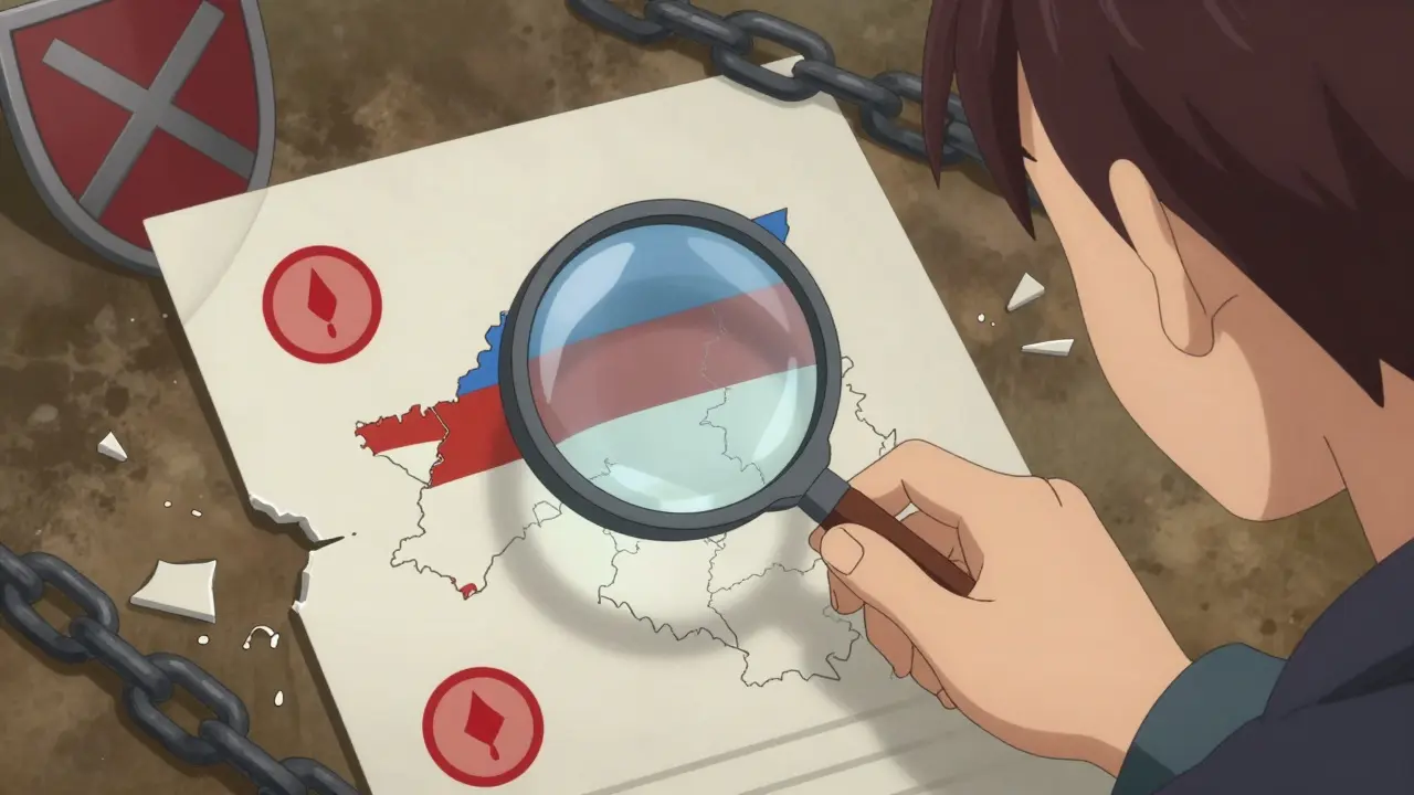 Persona examinando documentos con mapas de países y señales de alerta rojas.